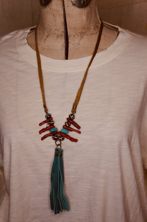 Coral and Turquoise Bead Necklace with Turquoise Tassel