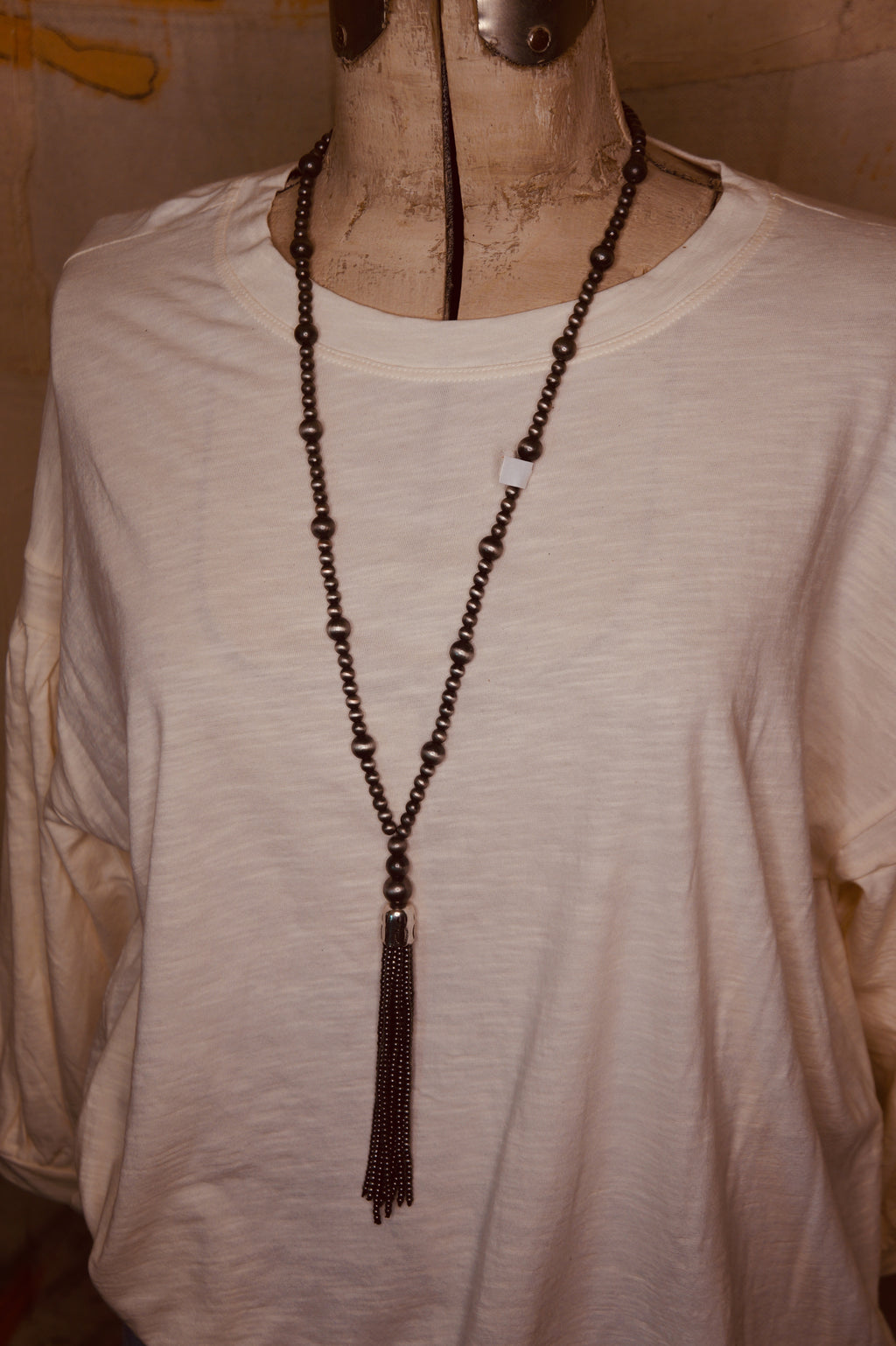 Silver Colored “Navajo Pearl” Necklace with Tassel